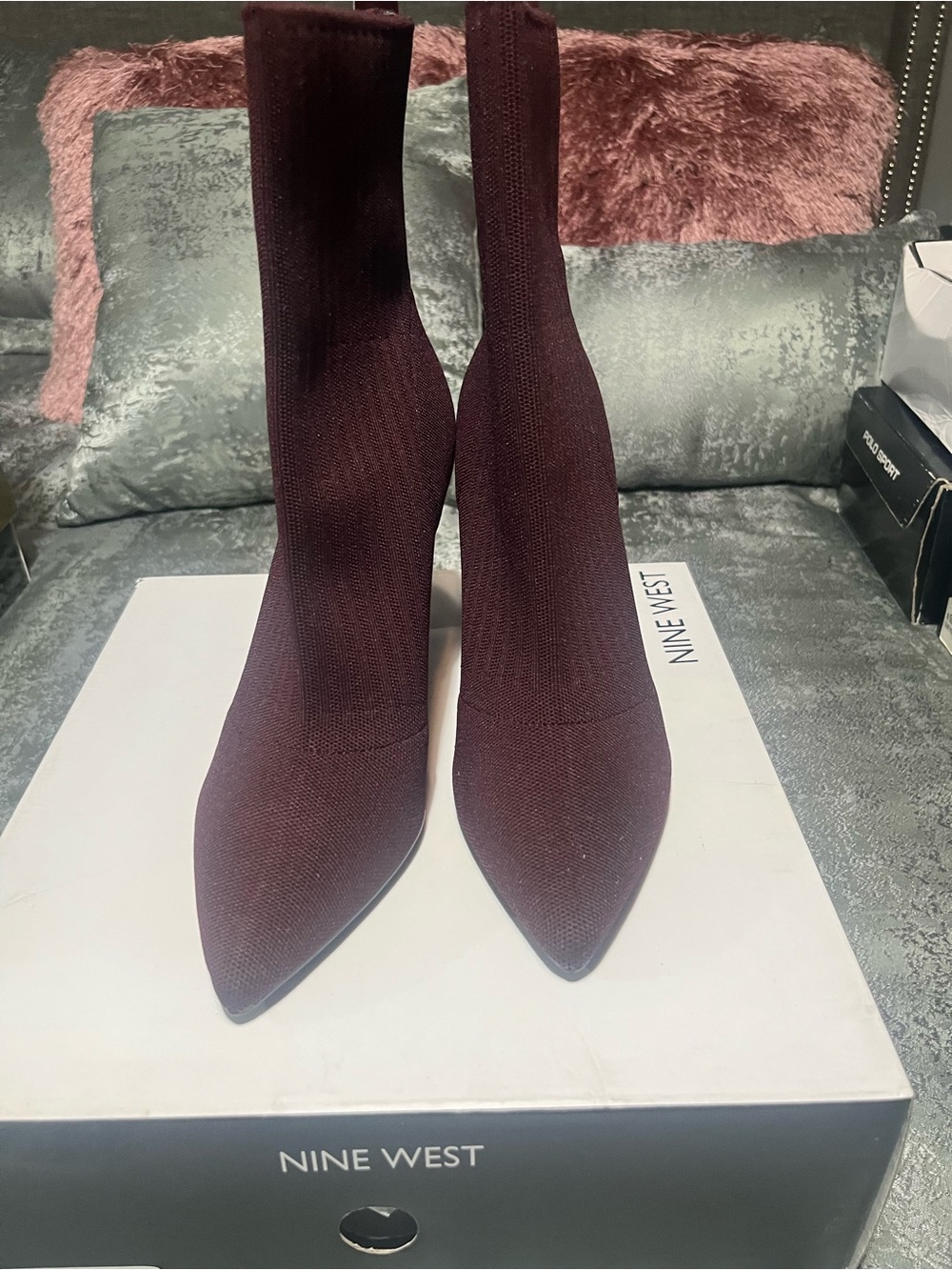Nine West Burgundy Pointed-Toe Stretch Sock Boots